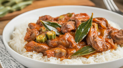 Goat curry with okra and bay leaves
