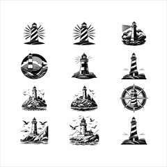 Naklejka premium Lighthouse Bundle vector illustration in black and white