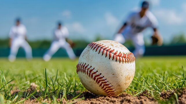 Friends playing a relaxed baseball game in a sunny park action outdoor sports fun environment close-up view