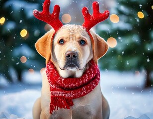 Labrador mit Rentier-Hörnern im verschneiten Garten – Weihnachtsbild