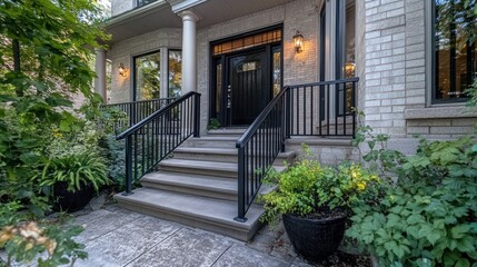 Fototapeta premium Modern home entrance with stone steps, black railings, and lush landscaping.