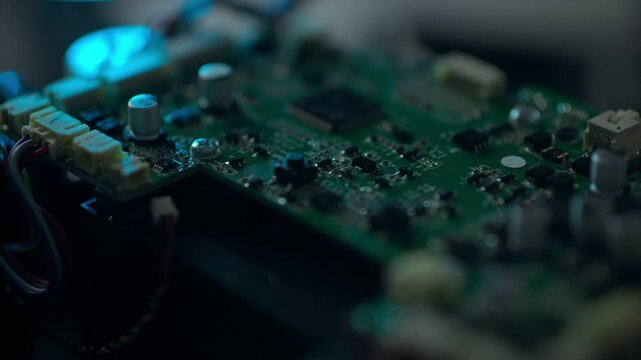 Close-up view of a circuit board with various electronic components, showcasing intricate details