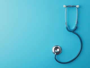 Stethoscope on a blue background, top view medical equipment concept