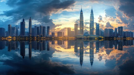 Obraz premium Stunning sunrise cityscape reflected in calm water.