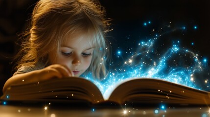 Magical journey: child's imagination sparked by a book under a starry glow