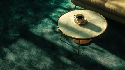 Coffee Cup On Marble Tabletop With Green Carpet