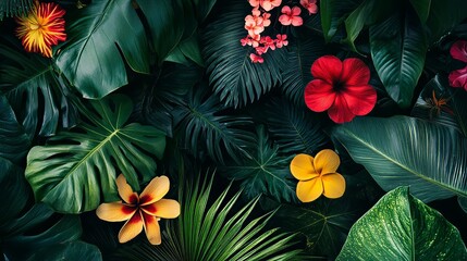 Exotic tropical flowers in a lush rainforest setting, overhead shot, Tropical style