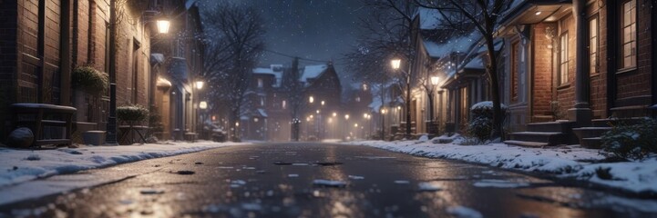 Snowflakes gently falling on a quiet street in winter, stillness, serene