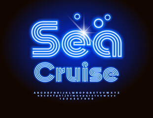Vector Glowing Advertisement Sea Cruise. Light tube Font. Blue Neon Alphabet Letters and Numbers set.