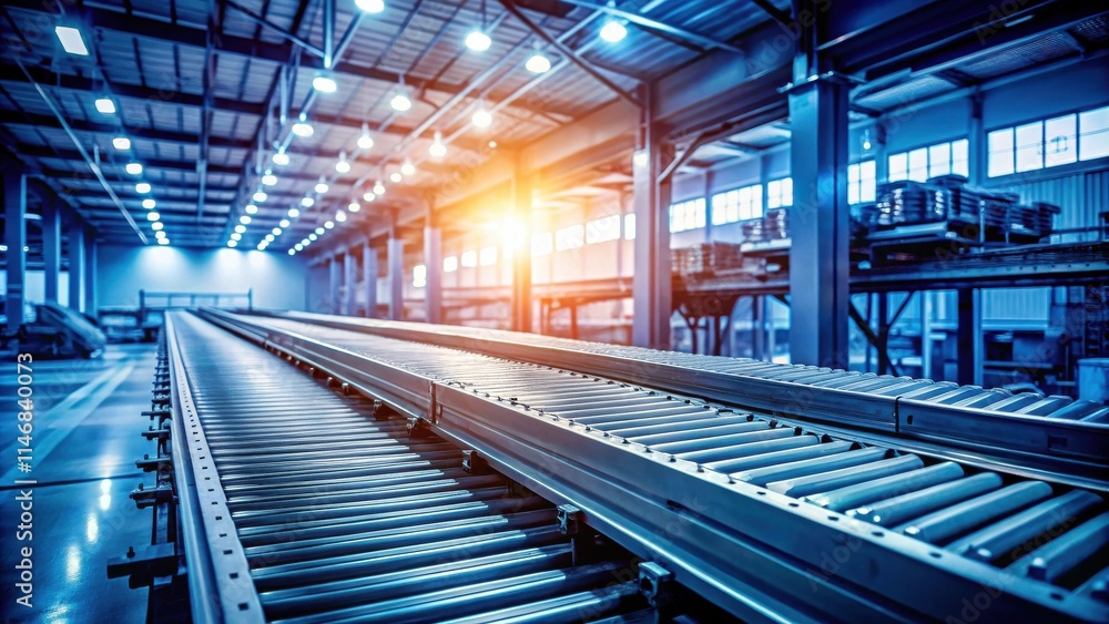 Poster A perspective view of an industrial conveyor system in a warehouse environment with bright overhead lights and a sunlit window in the background