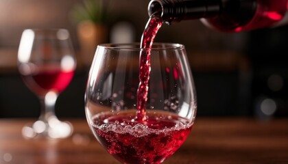 Pouring red wine into a glass with bubbles on a blurred background
