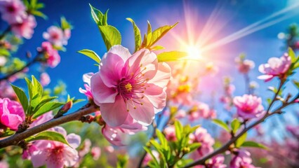 A vibrant pink blossom basks in the warm glow of the sun, surrounded by a sea of delicate petals, against a bright blue sky, a breathtaking image of spring's vibrant beauty