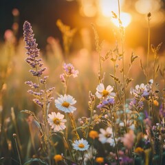 Wild flowers in a meadow at sunset. Macro image, shallow depth of field. Abstract summer nature background