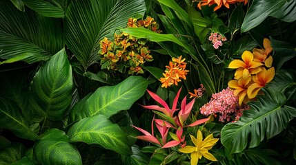 Exotic tropical flowers in a lush rainforest setting, overhead shot, Tropical style