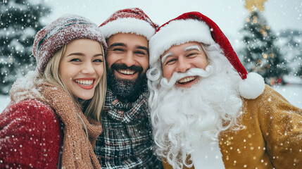A young couple in fashionable winter outfits standing with Santa Claus, joyfully enjoying Christmas moments, isolated on a white background