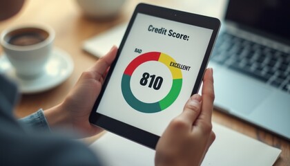A close-up of a person holding a tablet displaying a colorful credit score gauge, indicating an impressive score of 810. This image captures the essence of financial health and empowerment, showcasing