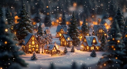 Charming winter village adorned with sparkling lights in a snowy landscape during a serene night in a forest