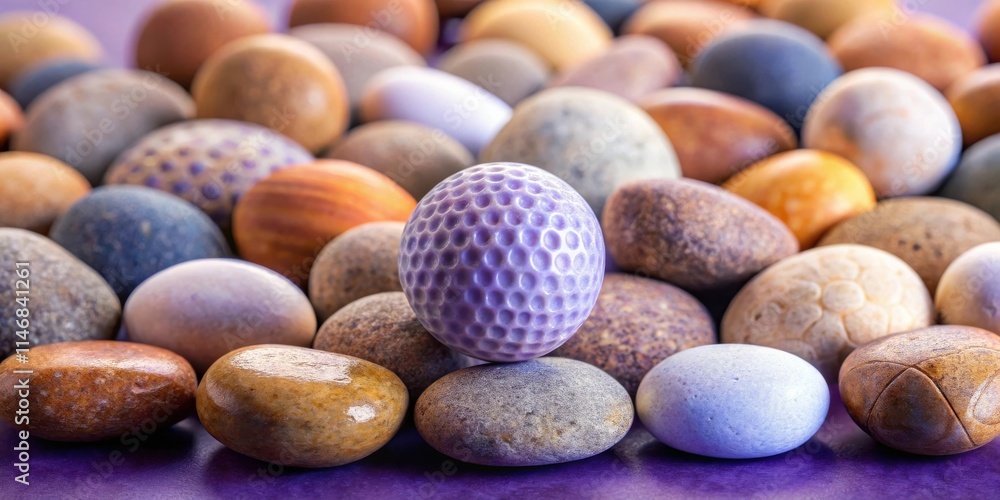 Poster a single purple smooth stone with dimples surrounded by other smooth and textured stones on a vibran