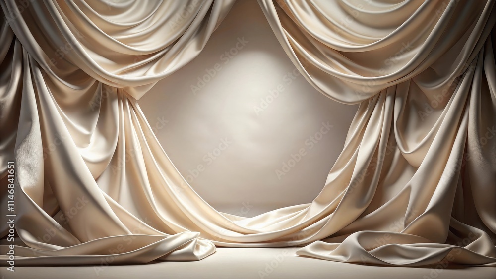 Poster Draped cream-colored silk curtains create a soft, elegant backdrop with a subtle glow illuminating the center stage