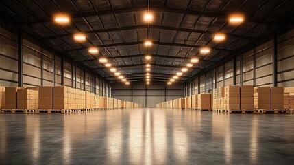 3D rendering of a large, empty warehouse with boxes on pallets and lighting in the background. 