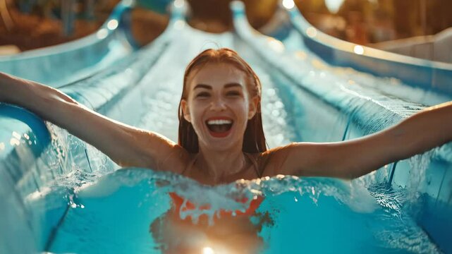 Cheerful beautiful woman rides down a slide in water park