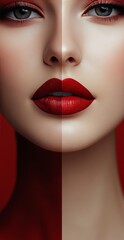 Fototapeta premium Stunning beauty portrait showcasing striking facial features with a half red and half black background,