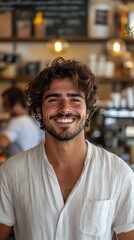 Fototapeta premium Smiling young man with curly hair at a cozy coffee shop during daytime