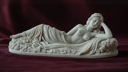 Fototapeta premium Reclining female nude alabaster statue on dark red fabric.