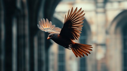 Fototapeta premium A dark bird in flight, wings spread wide, against a blurred background of Gothic architecture.