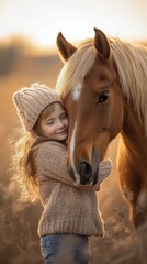 Fototapeta premium Young girl in cozy sweater joyfully hugs her horse during golden hour in a warm autumn setting