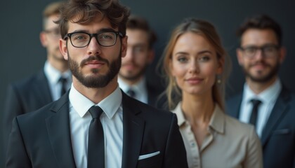 A group of well-dressed professionals stands confidently in a corporate environment, exuding a sense of teamwork and ambition. The image captures a diverse group, with a focus on a man in a suit and a
