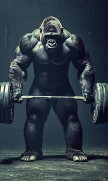 A muscular gorilla lifting a heavy barbell in a dramatic, dark setting.