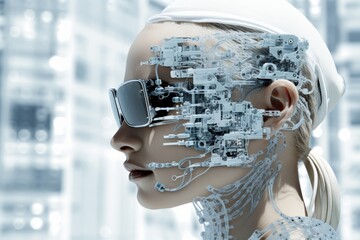 Modern individual in a high tech futuristic environment with space for text and personalization