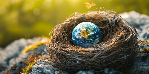 Globe in Bird Nest Representing Eco-Consciousness