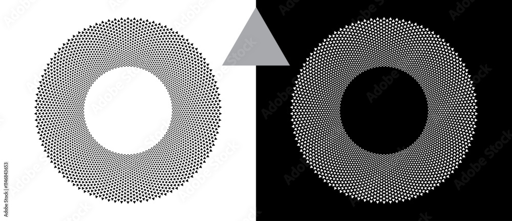 Poster Modern abstract background with halftone triangles in circle form. Round logo. Black shape on a white background and the same white shape on the black side.