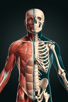 Human anatomy with half skeleton with bones visible on one side and and muscle on the other