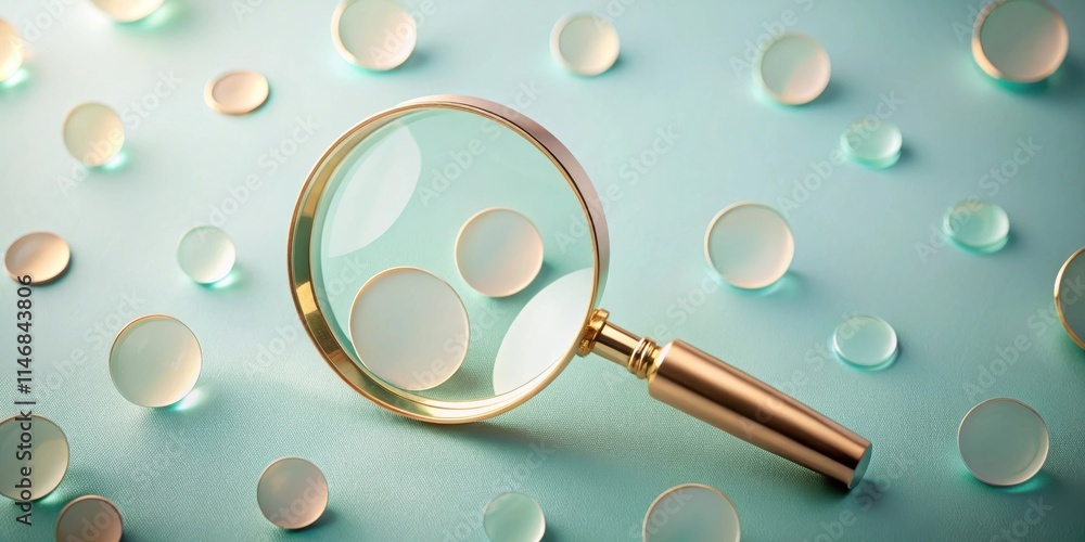 Poster A magnifying glass with a golden frame rests on a soft blue surface, surrounded by numerous translucent circular objects, creating a visually compelling composition.