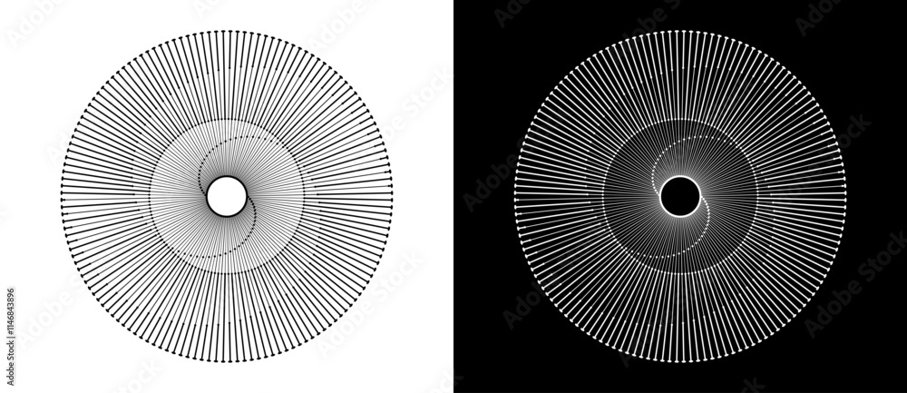 Leinwandbilder Abstract background with lines and dots in circle. Art design spiral as logo or icon. Black lines on a white background and white lines on the black side.