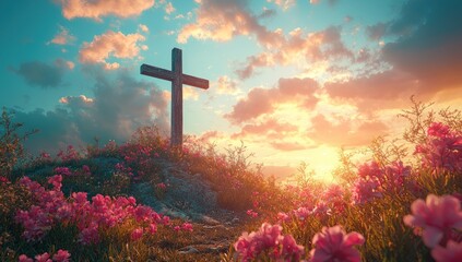 Cross standing on a hilltop path with vibrant flowers and a stunning sunset in the background Generative AI