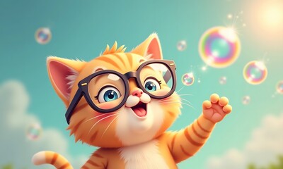 Adorable Orange Kitty with Glasses Playing with Bubbles