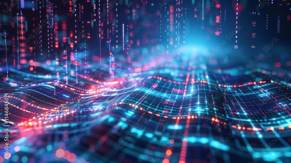 Poster abstract digital landscape: binary code waves