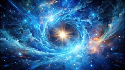 A swirling nebula, a cosmic vortex, where stars and gas form a celestial ballet, a vibrant, shimmering dance of light and color in the vast expanse of space.