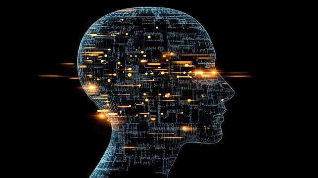 A profile view of an AI head composed entirely from glowing digital code, against a black background. 