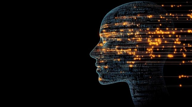 A profile view of an AI head composed entirely from glowing digital code, against a black background. 