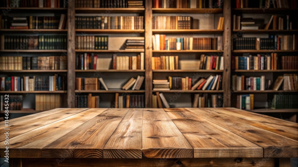 Poster a rustic wooden table with a blurred bookshelf background, perfect for showcasing your products or c