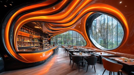 Fototapeta premium Modern restaurant interior with orange, wave-shaped bar and ceiling, tables, chairs, and large windows.