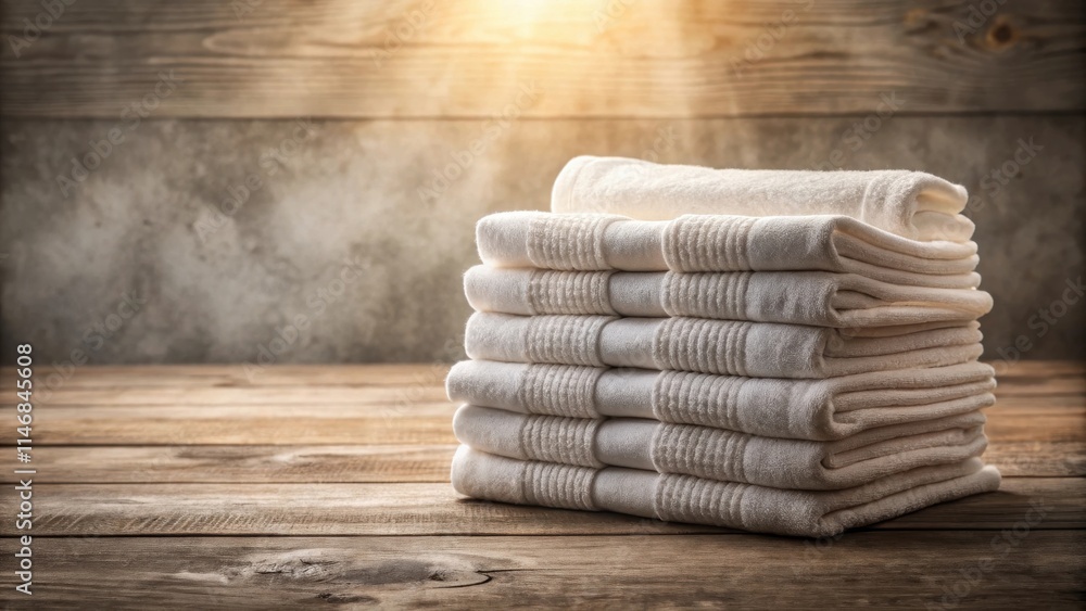 Aufkleber A neatly stacked pile of white towels resting on a weathered wooden surface, illuminated by soft sunlight streaming through an unseen window.