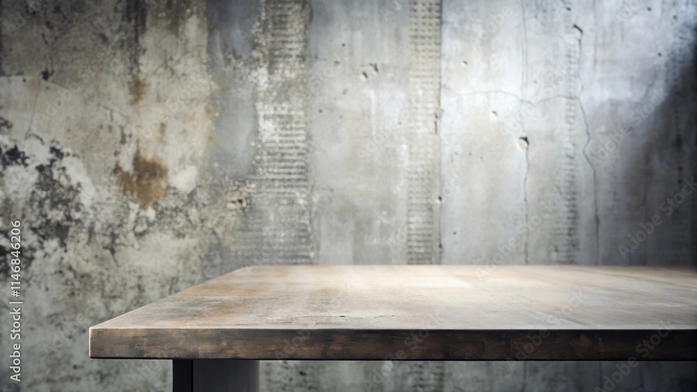 Aufkleber a weathered wooden table top with a rustic concrete wall in the background