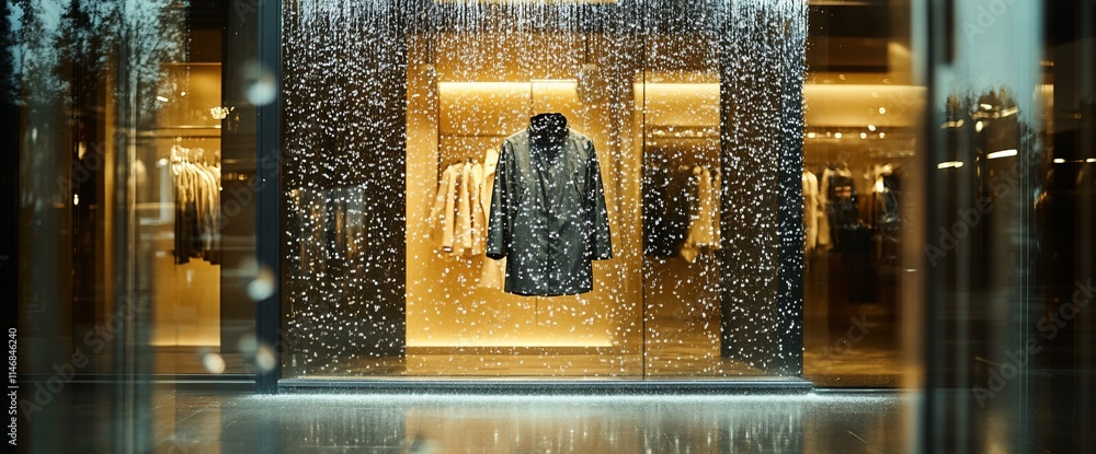 Poster a stylish coat displayed in a modern store window with a water feature.