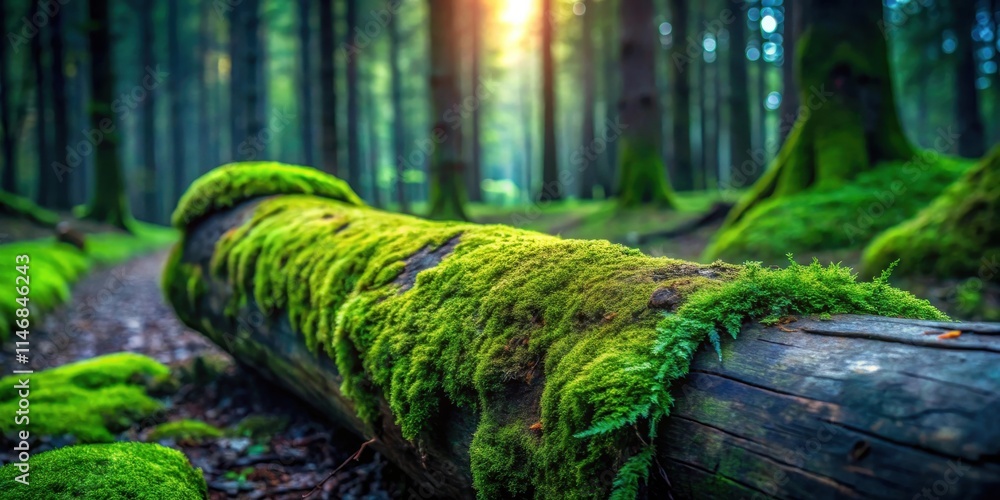 Poster a fallen log covered in lush green moss in a sun-dappled forest, the background blurring into a hazy